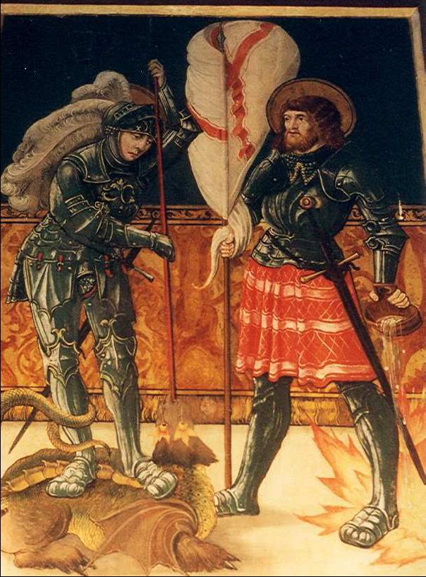Szent György és Szent Flórián ábrázolása a fekete sereg páncéljában a felvidéki Pónik templomából (Wikipédia)