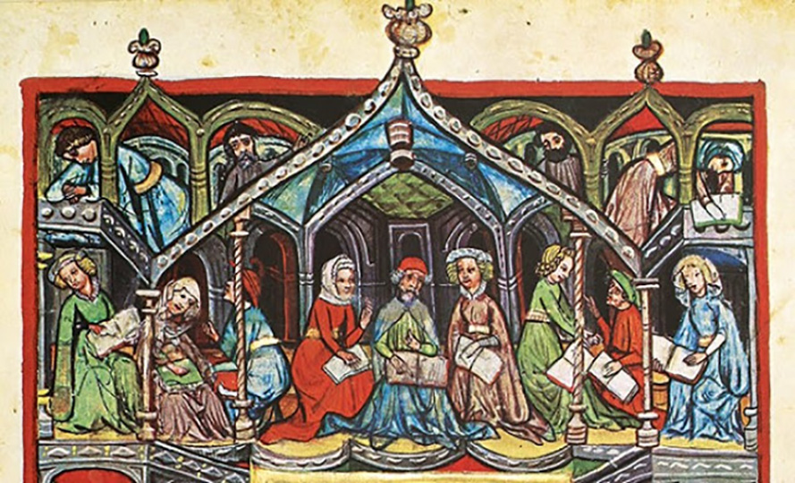 Zsidó férfiak és nők vitatkoznak (Darmstadti Haggáda 1430 k.)