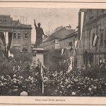Jókai Mór beszédet mond 1898. március 15-én a Petőfi-szobornál (Wikipédia)
