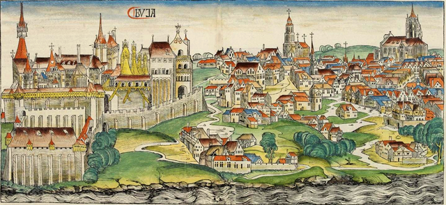 Buda a középkori főváros Schedel 1492-es krónikájában (Wikipédia)
