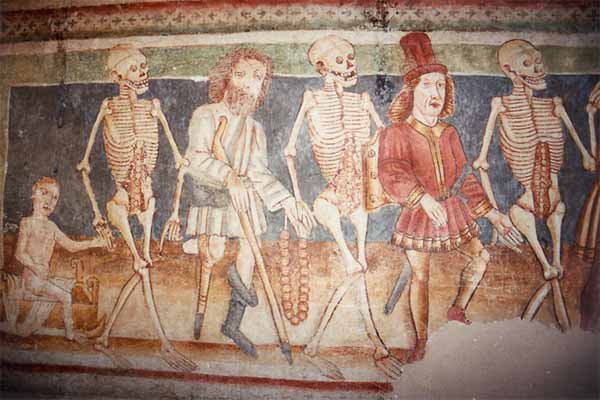 Haláltánc ábrázolása a hrastovljei Szentháromság-templomból (Wikipédia)