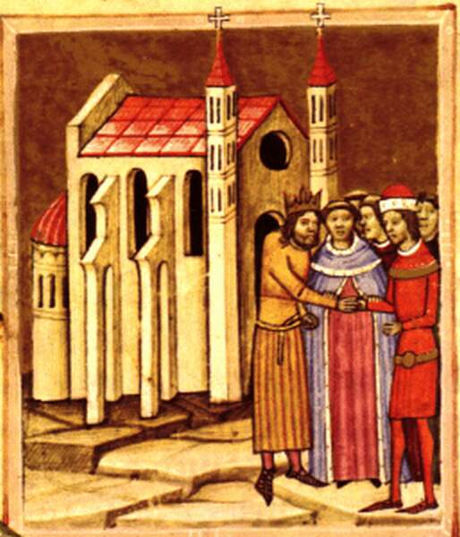 Könyves Kálmán király és Álmos herceg kibékülnek a dömösi kolostor előtt (Wikipédia)