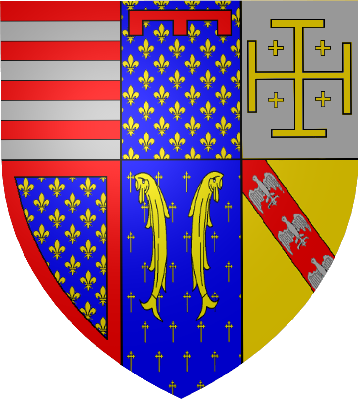 Anjou René címerei 1435-ből, nápolyi uralkodása kezdetéből (Wikipédia)