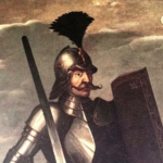 Páncélos Hunyadi János egész alakos portréja karddal és pajzzsal