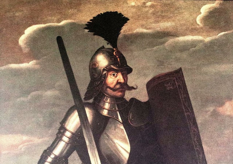 Páncélos Hunyadi János egész alakos portréja karddal és pajzzsal