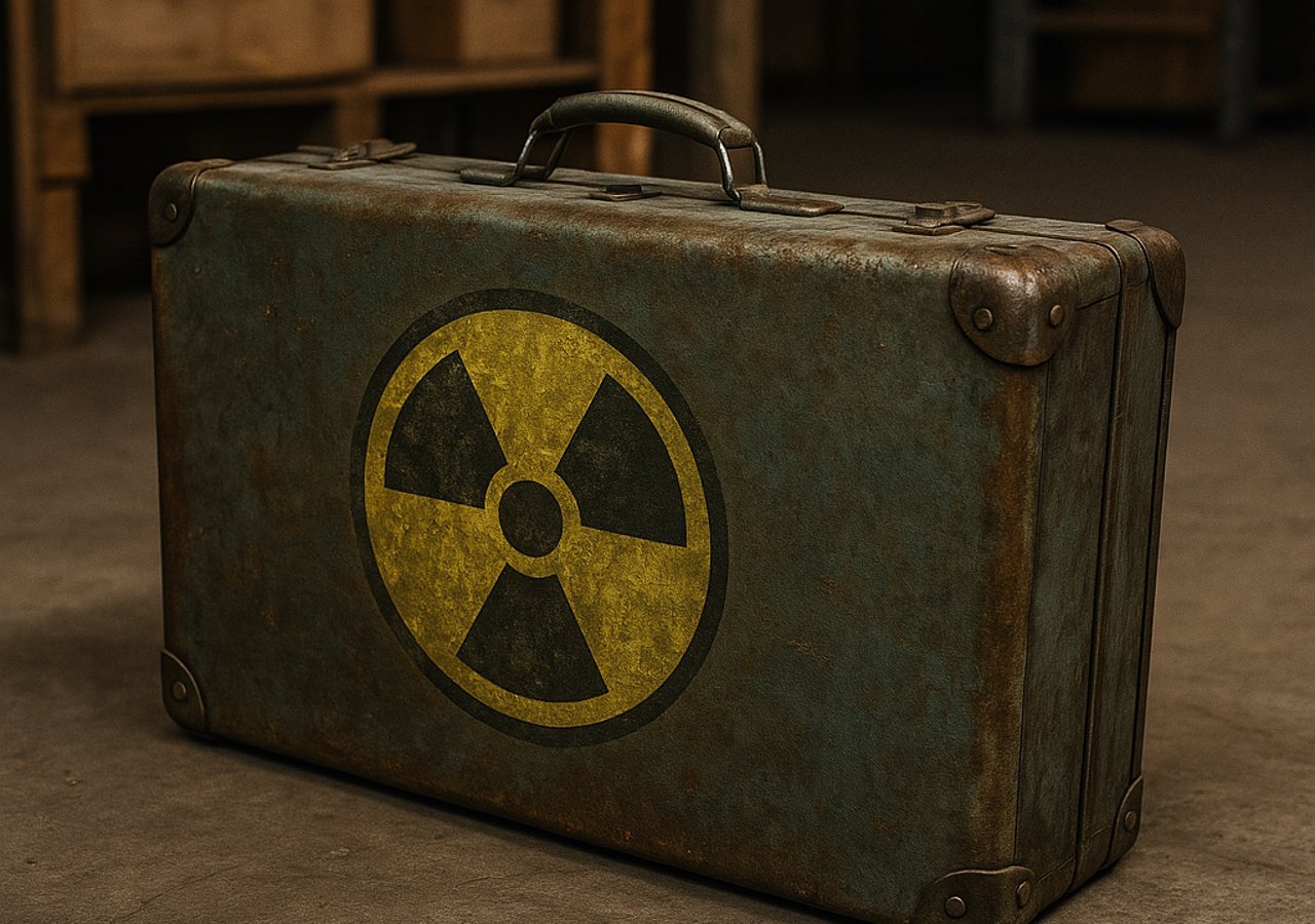 Zárt katonai stílusú bőrönd, benne nukleáris eszközt idéző szerkezettel – illusztráció a bőröndbombák koncepciójához.