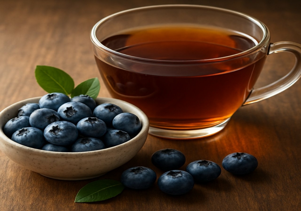 Fekete tea és friss áfonya egy faasztalon. flavonoidokban gazdag ételek az egészséges élet támogatására.