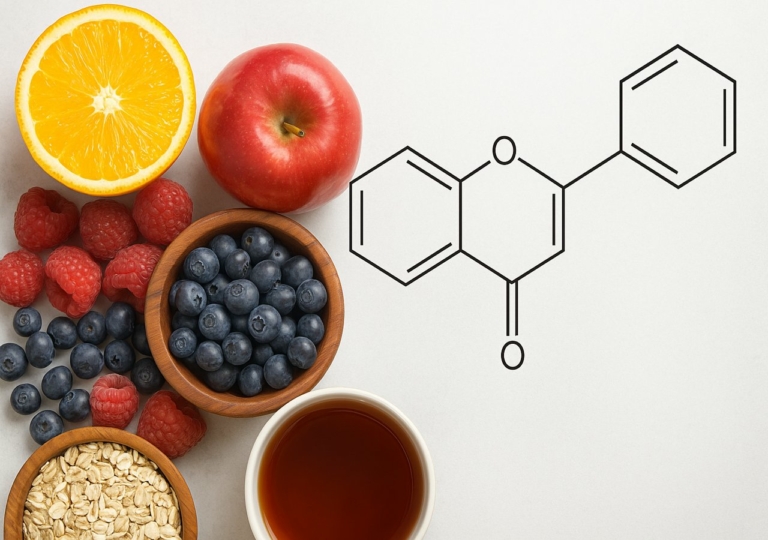 Flavonoidban gazdag ételek: narancs, bogyós gyümölcsök, tea egy molekulaszerkezettel illusztrálva.
