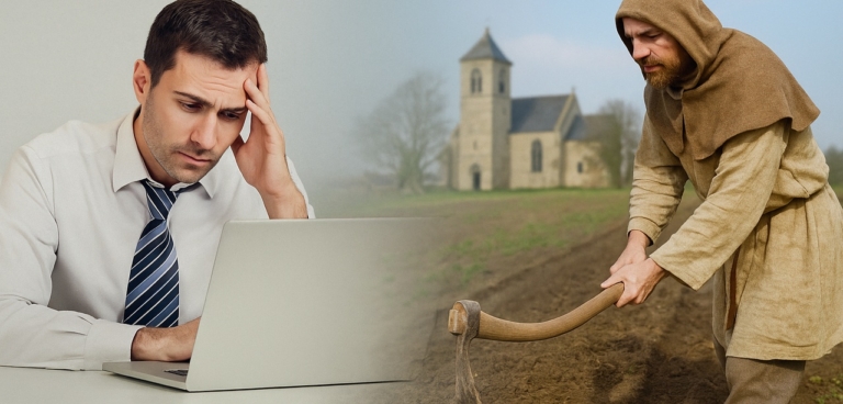 Egy középkori paraszt földet művel, mellette egy modern irodai dolgozó ül fáradtan a laptopja előtt.
