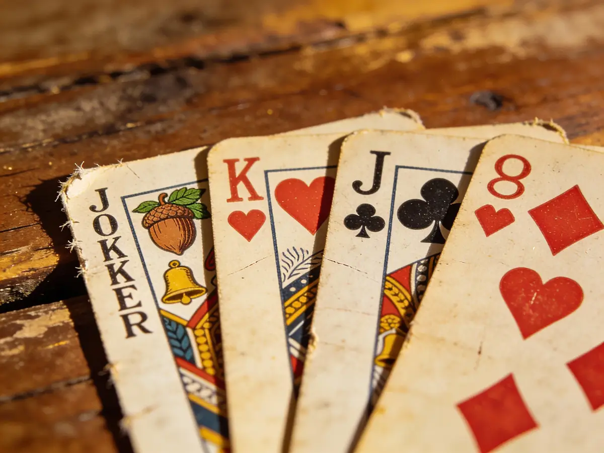 Magyar és francia játékkártyák egymás mellett egy asztalon, römihez használt lapok közelről